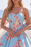 Vestido de Homecoming con corsé floral azul A-Line de satén