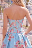 Vestido de Homecoming con corsé floral azul A-Line de satén