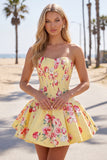 Vestido de Homecoming con corsé floral azul A-Line de satén
