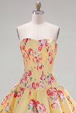 Vestido de Homecoming con corsé floral azul A-Line de satén