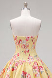 Vestido de Homecoming con corsé floral azul A-Line de satén