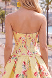 Vestido de Homecoming con corsé floral azul A-Line de satén