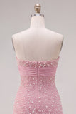 Vestido corto de bienvenida rosa sin tirantes con volantes ajustados perlas y lazo