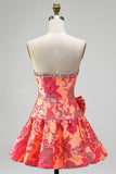 Vestido corto de bienvenida naranja Jacquard A-Line tirante con volantes y lazo.