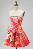 Vestido corto de bienvenida naranja Jacquard A-Line tirante con volantes y lazo.
