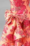 Vestido corto de bienvenida naranja Jacquard A-Line tirante con volantes y lazo.