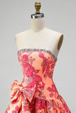 Vestido corto de bienvenida naranja Jacquard A-Line tirante con volantes y lazo.