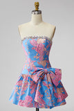 Vestido de bienvenida corto, sin tirantes azul Jacquard con volantes y sin volantes, con lazo.