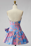 Vestido de bienvenida corto, sin tirantes azul Jacquard con volantes y sin volantes, con lazo.