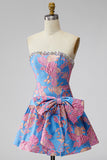 Vestido de bienvenida corto, sin tirantes azul Jacquard con volantes y sin volantes, con lazo.
