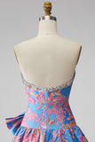 Vestido de bienvenida corto, sin tirantes azul Jacquard con volantes y sin volantes, con lazo.