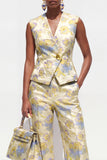 Trajes Jacquard de mujer de flor amarilla de dos piezas con escote en V y un botón