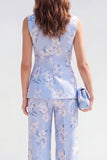 Trajes de mujer Jacquard florales de dos piezas con chales azules, solapa de un botón