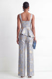 Traje de mujer Jacquard de dos piezas con volantes de cuello cuadrado gris azul