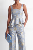 Traje de mujer Jacquard de dos piezas con volantes de cuello cuadrado gris azul