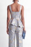 Traje de mujer Jacquard de dos piezas con volantes de cuello cuadrado gris azul