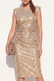 Vestido de trabajo midi con cuello redondo dorado con lentejuelas redondas y abertura