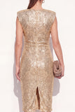 Vestido de trabajo midi con cuello redondo dorado con lentejuelas redondas y abertura