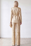 Trajes de mujer Jacquard dorados de escote en V con 2 piezas y cinturón