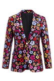 Trajes de mujer con solapas negras de pico con visera brillante, un botón floral de lentejuelas
