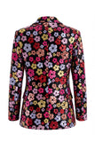 Trajes de mujer con solapas negras de pico con visera brillante, un botón floral de lentejuelas
