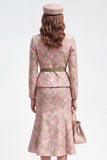 Vestido de trabajo midi Jacquard de un solo botonadura de dos piezas con solapa verde rosa y cinturón