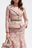 Vestido de trabajo midi Jacquard de un solo botonadura de dos piezas con solapa verde rosa y cinturón