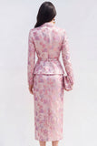 Vestido midi de satén de flor fucsia rosa de dos piezas con solapa con pico y abertura