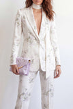 Trajes de mujer de dos piezas florales de un solo botón con solapa blanca