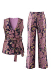 Trajes de mujer de dos piezas con escote en V floral rosa azul marino con cinturón