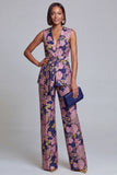 Trajes de mujer de dos piezas con escote en V floral rosa azul marino con cinturón