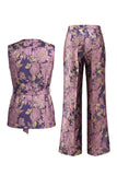 Trajes de mujer de dos piezas con escote en V floral rosa azul marino con cinturón