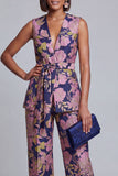 Trajes de mujer de dos piezas con escote en V floral rosa azul marino con cinturón