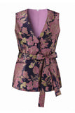 Trajes de mujer de dos piezas con escote en V floral rosa azul marino con cinturón