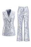 Trajes de mujer de dos piezas, florales azul polvoriento, con pico y solapa,