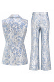 Trajes de mujer de dos piezas, florales azul polvoriento, con pico y solapa,
