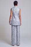 Trajes de mujer de dos piezas, florales azul polvoriento, con pico y solapa,