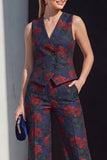 Trajes de mujer de dos piezas cruzados con doble cruzamento floral azul marino y bolsillos
