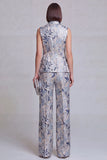 Trajes de mujer de solapa Peak Peak Floral Grey Blue Jacquard