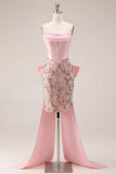 Vestido de bienvenida rosa bodycon floral sin tirantes y lazo