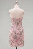 Vestido de Homecoming con corsé floral Pink Bodycon Sweetheart con cuentas