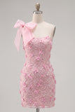 Vestido de Bienvenida a Casa Bodycon Rosa 3D Floral 3D con un lazo de un solo hombro