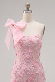 Vestido de Bienvenida a Casa Bodycon Rosa 3D Floral 3D con un lazo de un solo hombro