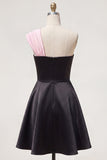 Vestido de bienvenida corto negro rosa en línea en A, un solo hombro, con flor en 3D