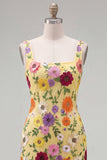 Vestido de Homecoming con cuello cuadrado amarillo bodycon flores y bordados