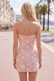 Vestido corto corto rosa sin tirantes floral bodycon cortes a casa con cuentas