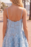 Vestido de bienvenida a casa 3D con tirantes finos azul A-Line con cuentas