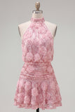 Vestido corto de bienvenida rosa con cuello halter y lentejuelas en línea A con flores 3D