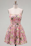 Vestido de bienvenida floral rosa con tirantes finos en línea A con cordones en la espalda y bordado