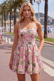 Vestido de bienvenida floral rosa con tirantes finos en línea A con cordones en la espalda y bordado